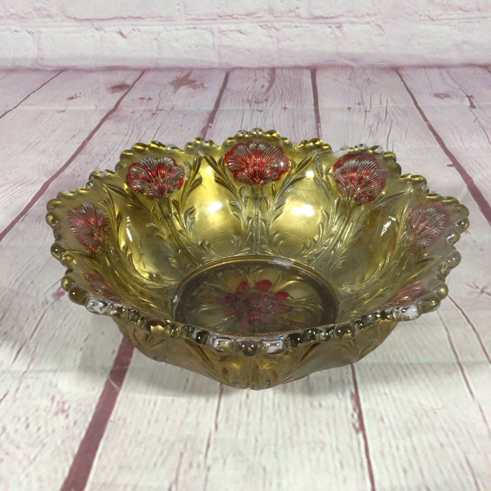 Vintage Goofus Glass Gold and Red Floral Pedestal Bowl